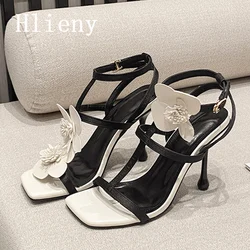 Hlieny Fashion Black White Flower Sandals Buckle Strap Thin High Heels Women Summer Sexy Narrow Band Party Prom Stripper Shoes