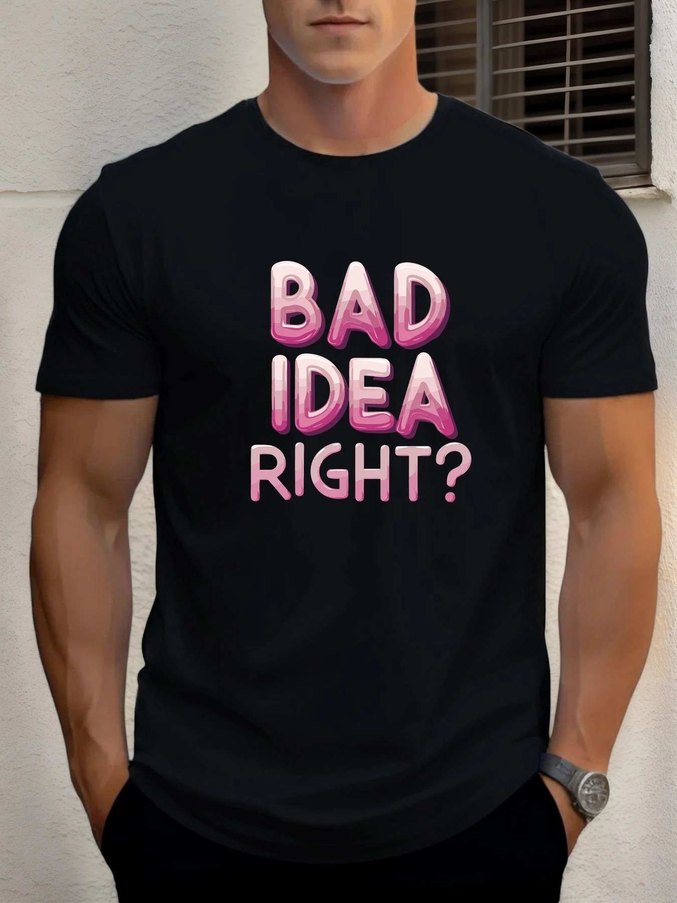 

Men's Cotton T-Shirt, Summer Crew Neck Short Sleeve, BAD IDEA RIGHT_ Printed Breathable Street Clothing Fashion Cool T-Shirt