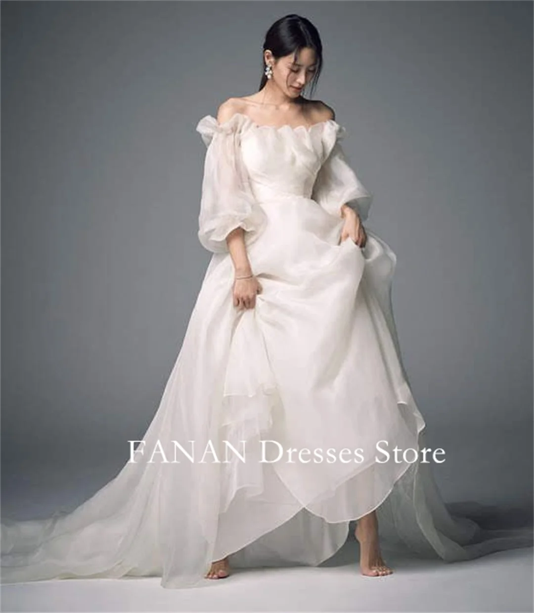 

FANAN Korea Off Shoulder Ruched Ivory Organza A-Line Wedding Dresses 웨딩드레스 Customized Princess Corset Bride Gowns Plus Size