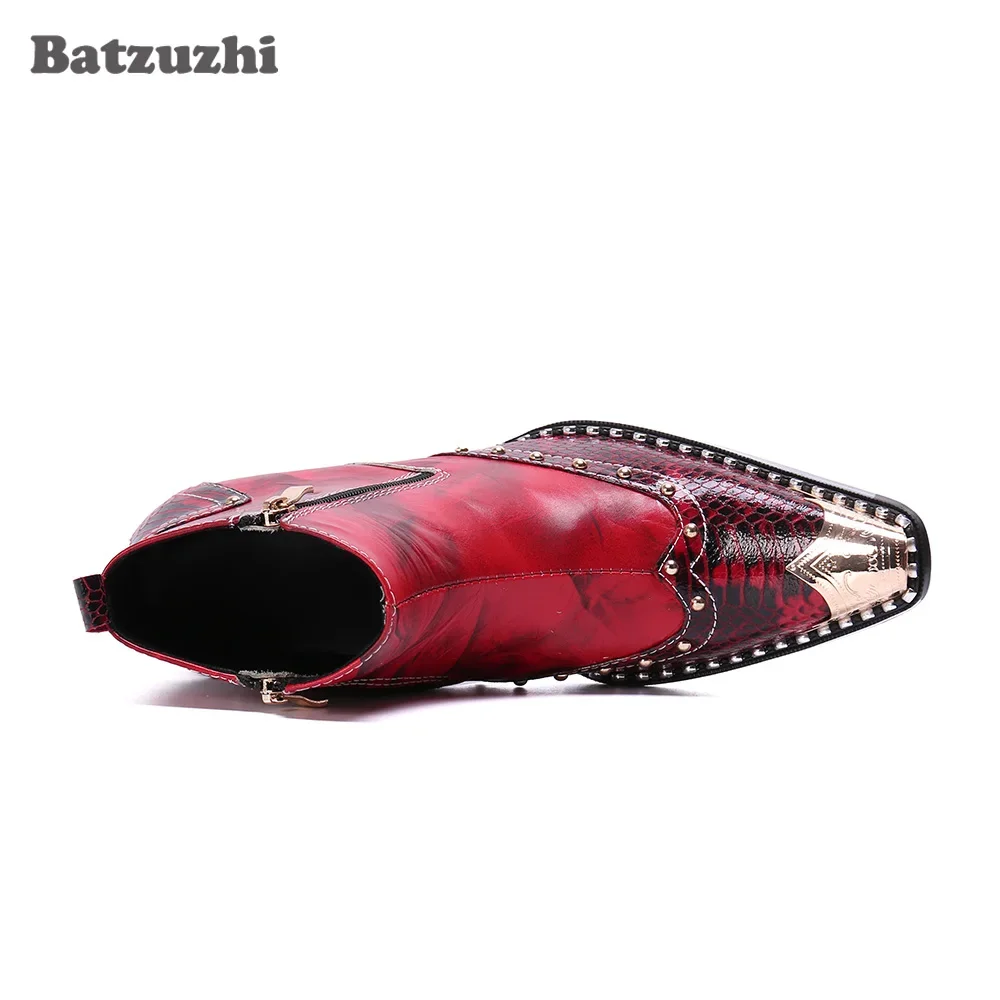 

2026 Western Fashion Men Boots Shoes Pointed Leather Ankle Boots Men Zip Metal Tip Party and Wedding Boots for Men botas hom
