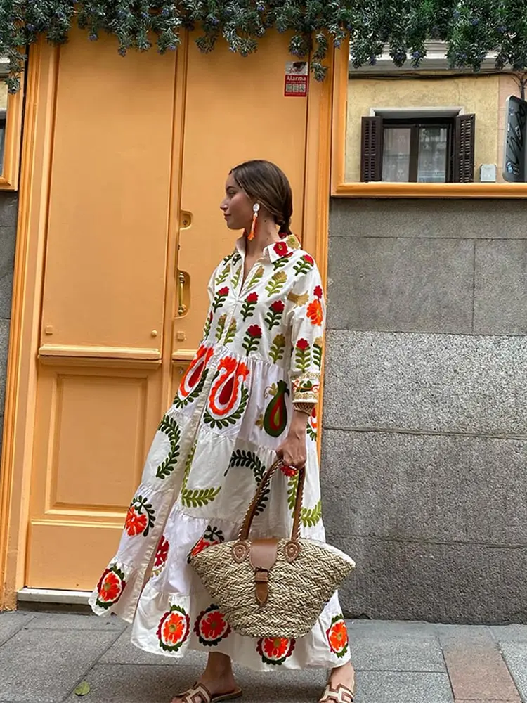 Einreiher Revers bedrucktes Kleid Frauen Dreiviertel ärmel gekräuselt lange lose Roben Sommer Damen lässige Berufung Vestidos