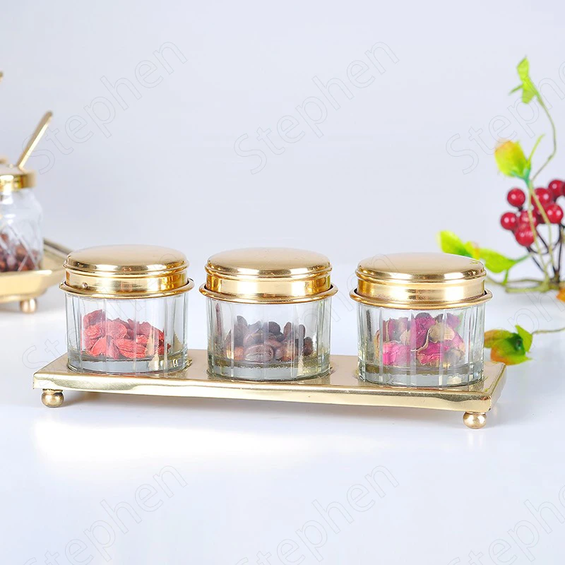 

Golden Brass with Glass Spice Organizer American Classic Three-compartment Seasoning Jar with Tray Kitchen Storage Container