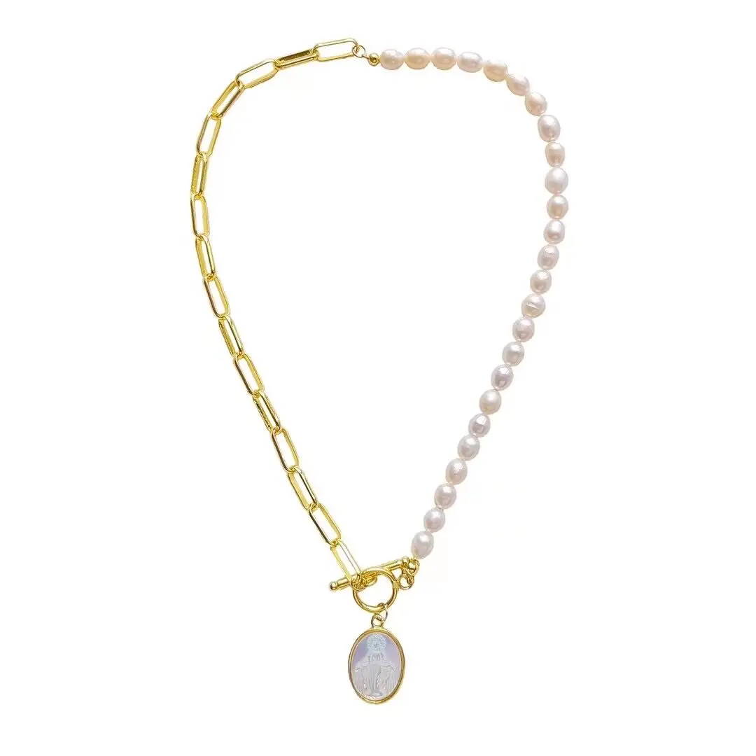3PCS, Virgin Mary Pendant Necklace Choker Gold Plated Paperclip Link Chain Jewelry for Women Good Natural Pearl Necklaces Femme