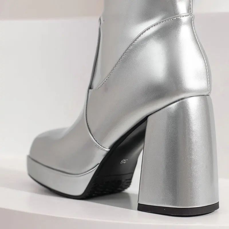 Silver Gold Knee High Boots Women 2022 Four Seasons 10cm Chunky Heels Shoes Square Toes Long Booties Big Size 48 Botas Mujer