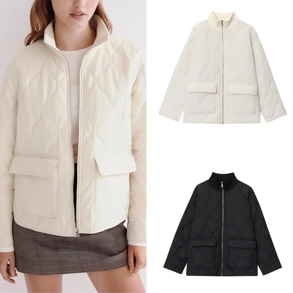 

Women's Winter New flap pocket decoration loose warm quilted cotton Coat retro long sleeved zipper women's Coat chic top