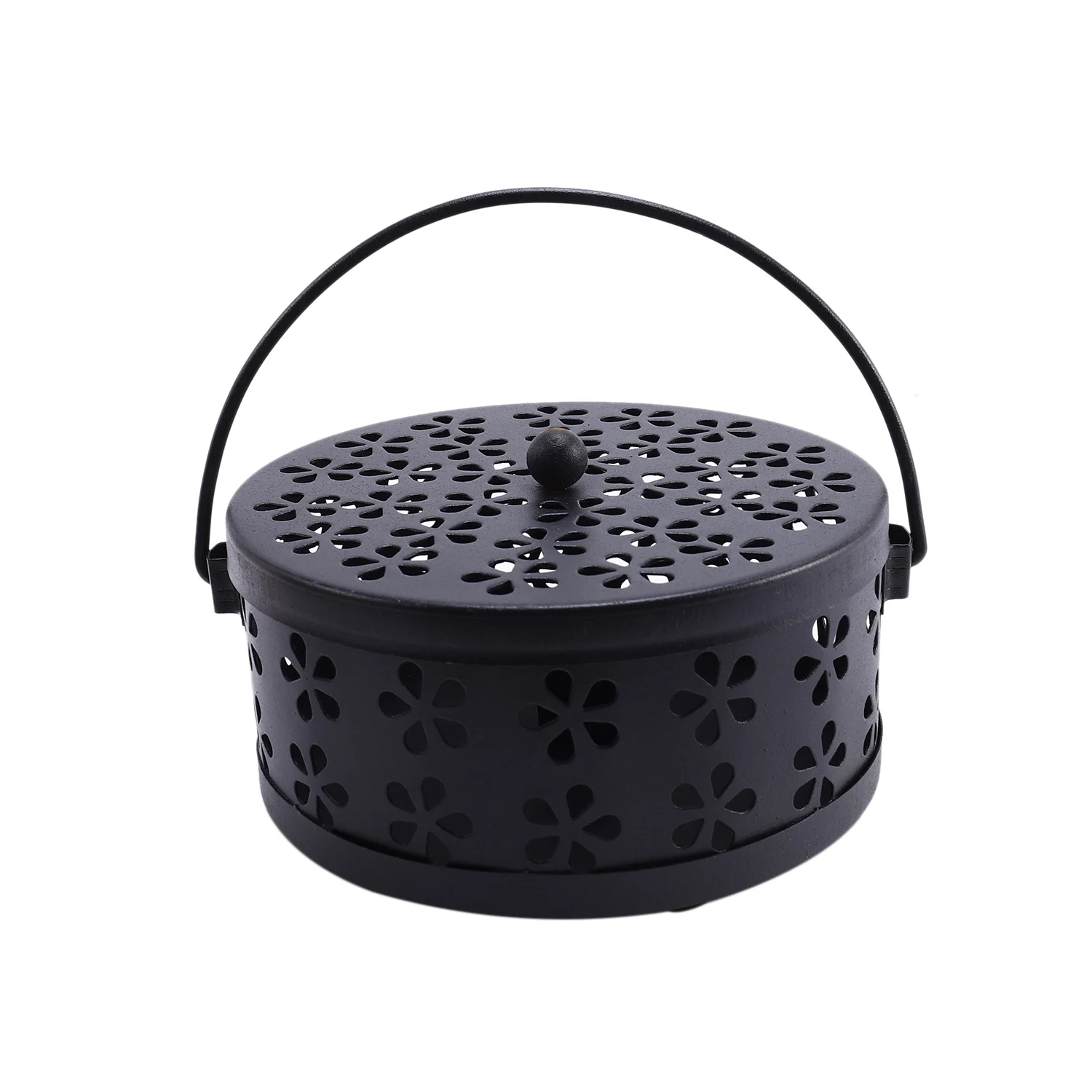 Nordic Retro Metal Hollow Floral Mosquito Coil Holder Garden Burner Mosquito Repellent Box(Black)