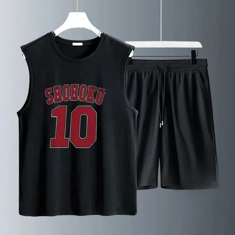 

2025 Summer Men Knitted Vest and Shorts Two-piece Set Perforated Breathable Casual Gym Set Red number 10 print gym clothing men