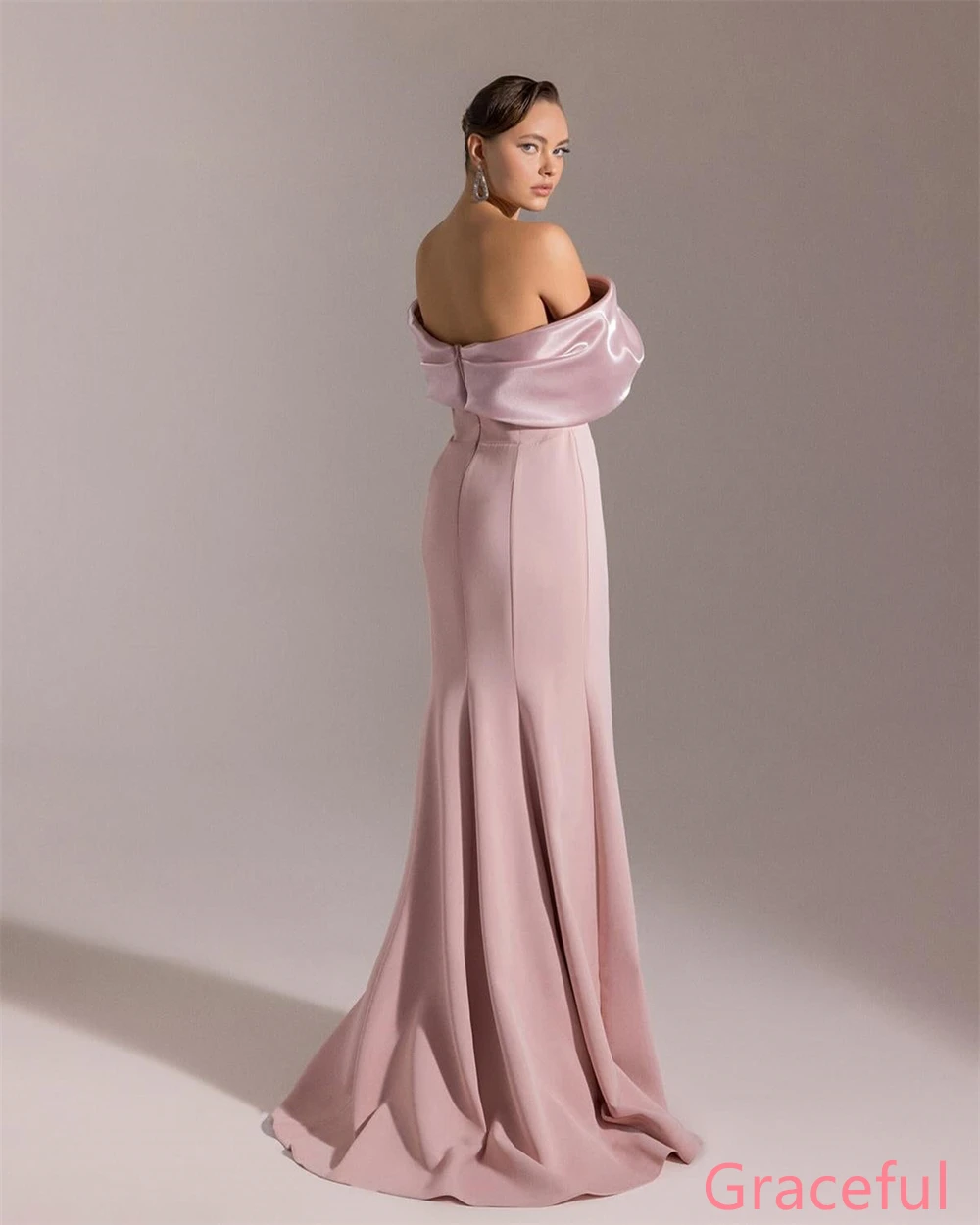 

Customized Temperament Pink Jersey Evening Dress Boat Neck Off the Shoulder Short Sleeves Bespoke Occasion Gowns Celebrity Gowns