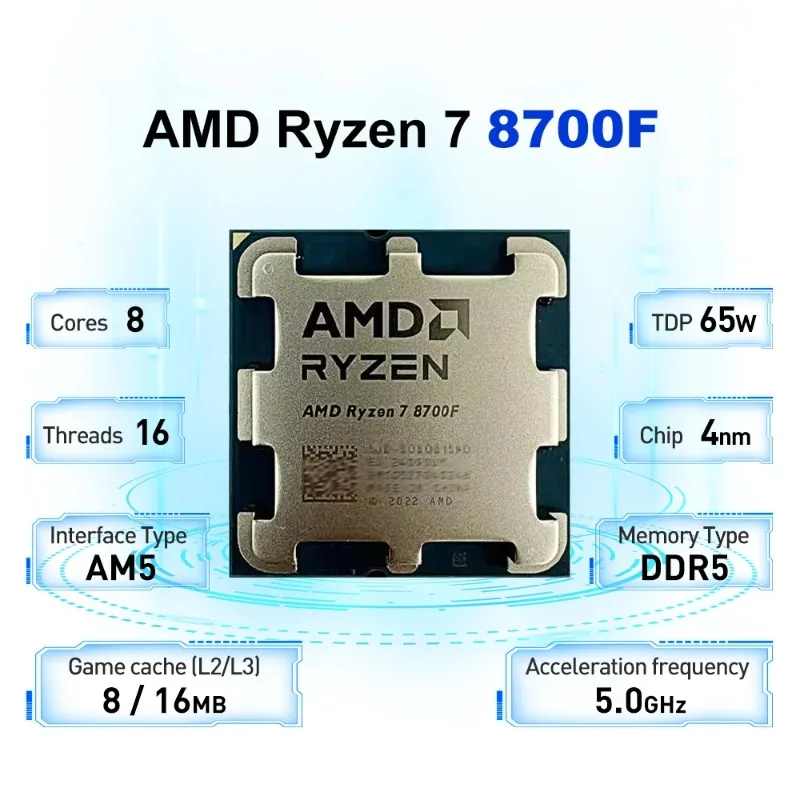 Ryzen 7 8700F R7 8700F 4.1GHz 8‑Core 16‑Thread 16M L3 Cache 65W Socket AM5 4NM DDR5 CPU Without Cooler No Integrated GPU