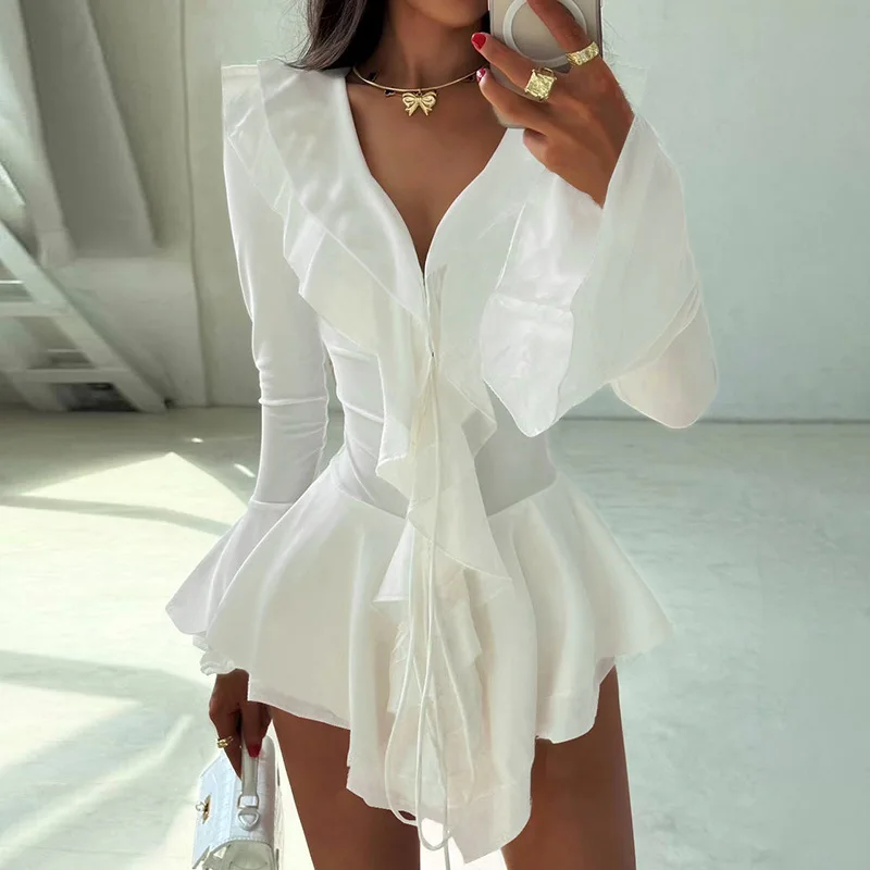 Elegantes weißes Rüschen-Minikleid für Damen, langärmliges, figurbetontes Hemdkleid mit V-Ausschnitt und Schnürung, Party-Cocktail-Clubwear
