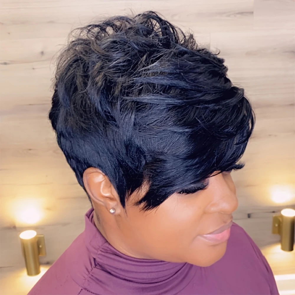 ショートピクシーカットウィッグ人毛ウィッグ女性用ウィッグ前髪付きレイヤードウェーブのかかったフルマシンメイドウィッグ