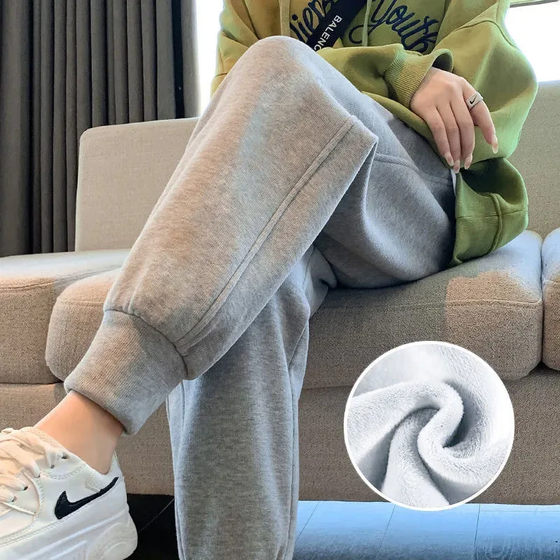 Women Thicken Cotton Sweatpants Autumn Winter Elastic Waist Bundle Foot Straight Trousers Fleece Warm Loose S-5XL Casual Pants