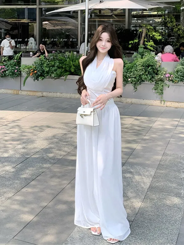

Elegant V-Neck Sleeveless Top And Wide Leg Pants Two-Piece Set Comfortable Cotton Summer Outfit Casual Fashion Women's Ensemble