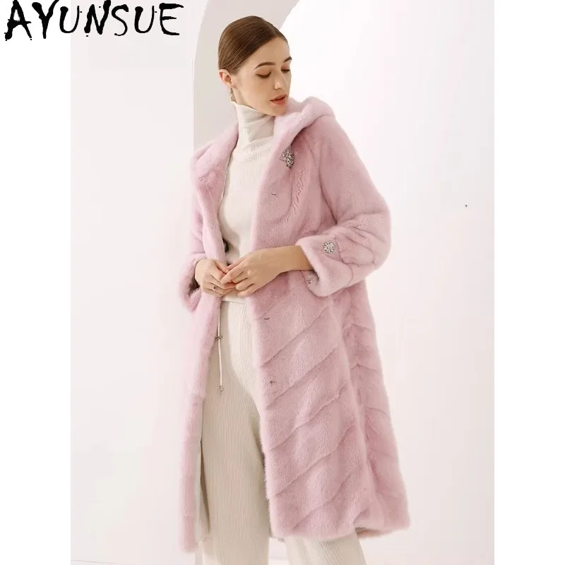 

AYUNSUE Real Fur Coat Woman Luxury Whole Mink Winter Coats for Woman Pink Fur Jacket Long Fur Coat for Woman Clothes Ropa Mujer