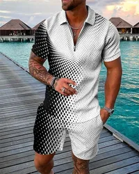 Summer New Men's Sweatsuit set Black and White Spot Gradient 3D Print Casual Zipper Polo Shirt + Shorts 2pcs Sets Man Clothing