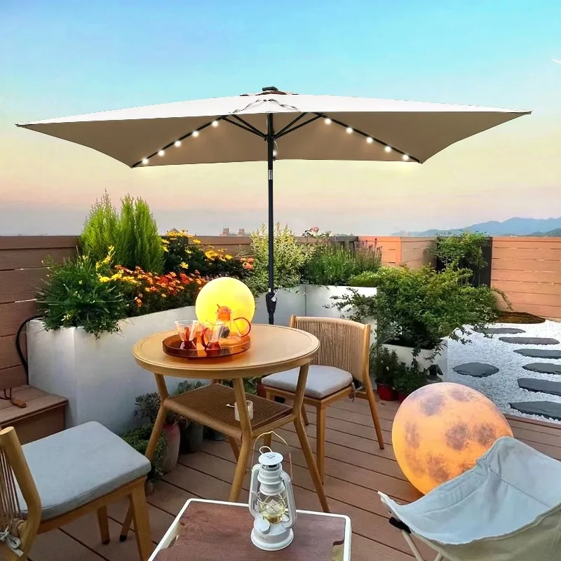 10 x 6.5t Rectangular Patio Solar LED Lighted Outdoor Umbrellas with Crank and Push Button Tilt for Garden Backyard Pool Swimmin
