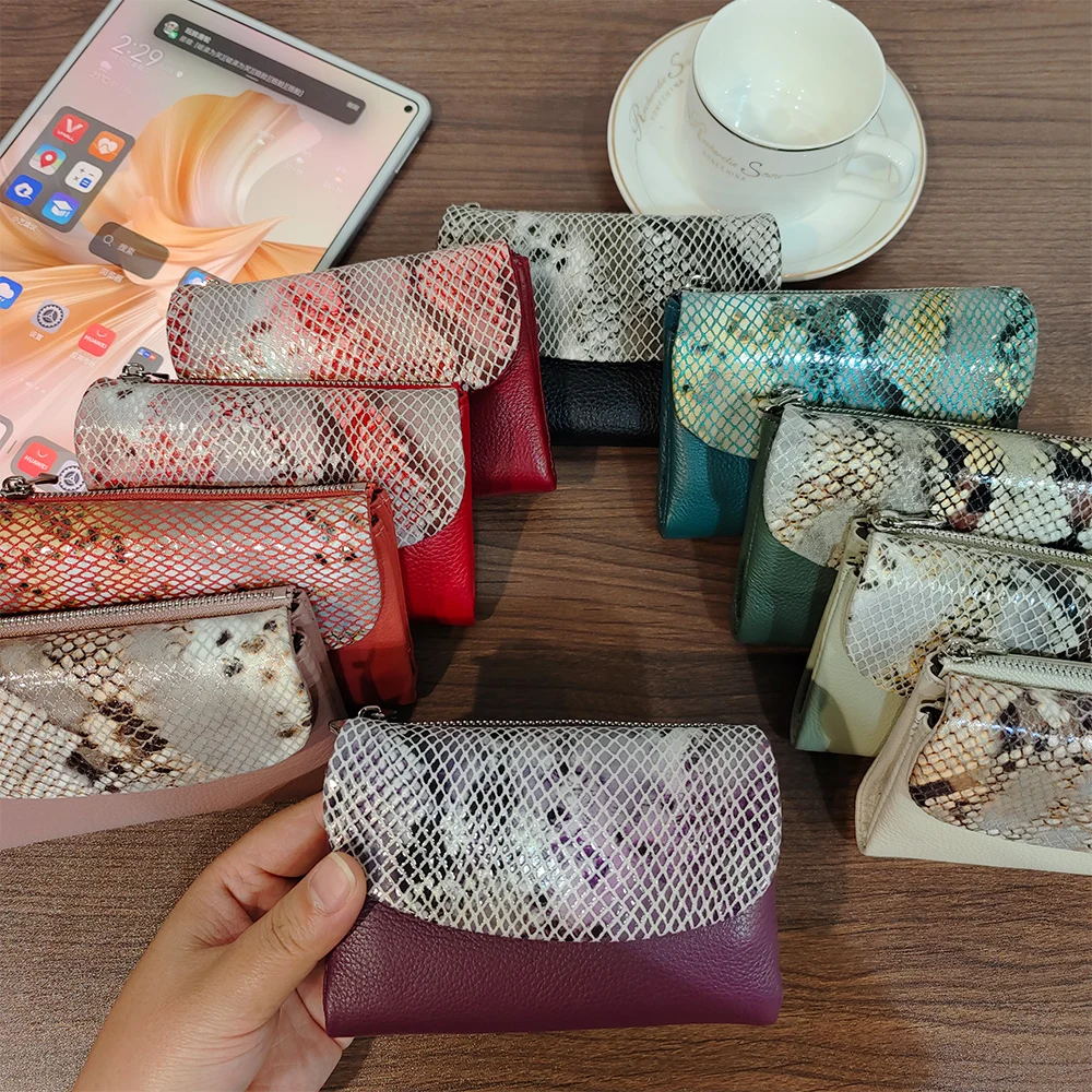 New 10 Colors Snake Pattern Cow Leather Short Wallet Women Fashion Python Genuine Cowhide Tri-fold Card Holder Purse Ladies