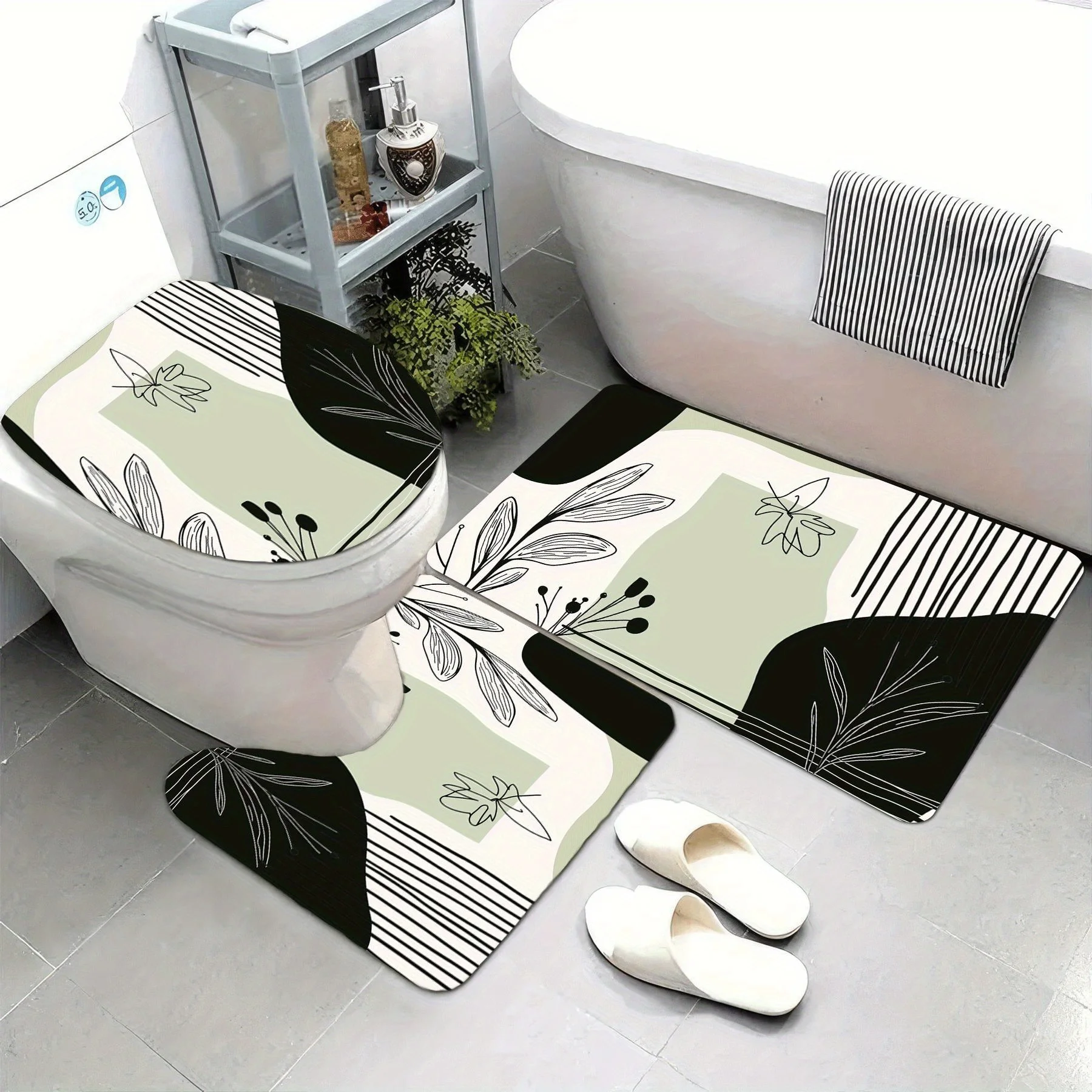 3pc Black retro abstract pattern bathroom set, U-shaped mat, non-slip mat, toilet seat cover, suitable for bathroom decor.