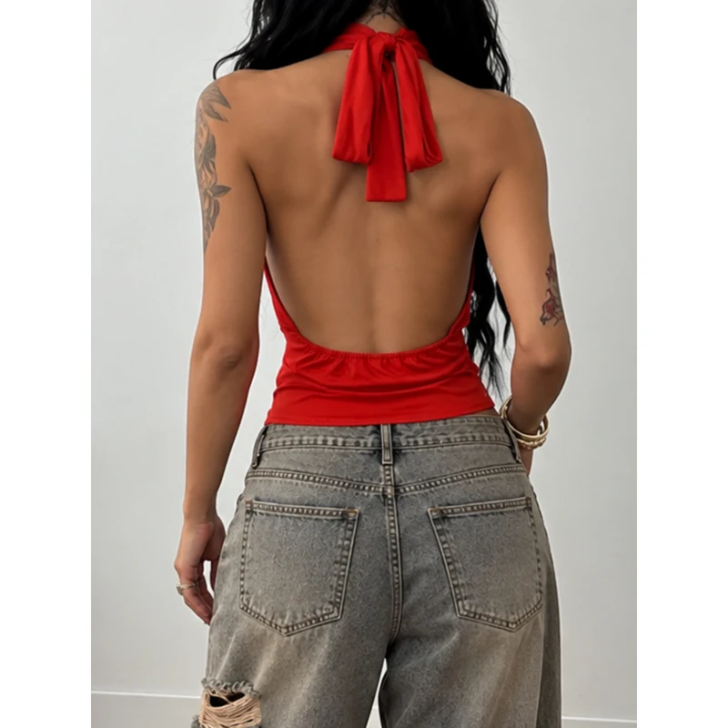 American Vintage Backless Halter Tops Women Red Texture Ring Design High Elastic Waist Sleeveless Tank