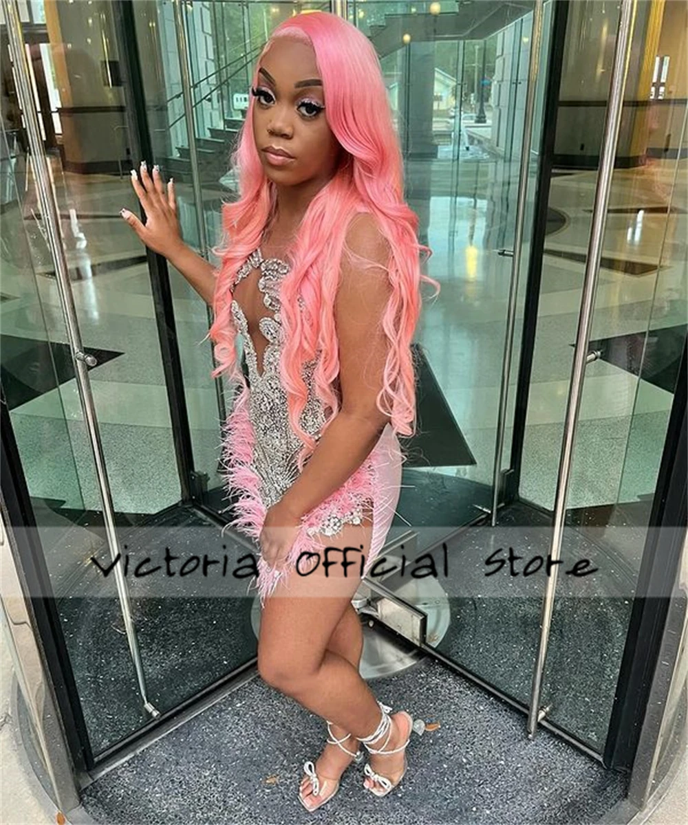 Pink Feathers Silver Rhinestone Prom Dress For Black Girls Sheer Mesh Mermaid Birthday Dress Luxury Sexy Mini Cocktail Customize