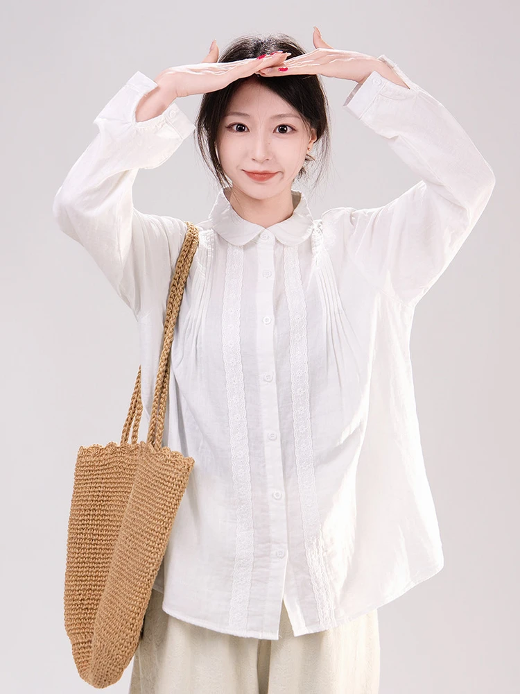 

Artisanal Style Japanese Cotton Lace Collar Long Sleeve Women's Shirt Spring 2026 Breezy Double Layer Gored Design White