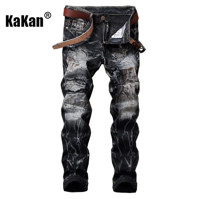 Kakan - Worn Out Slim Fitting Straight Tube Men's Jeans, New European and American Distressed Coating Men's Vintage Jeans K14