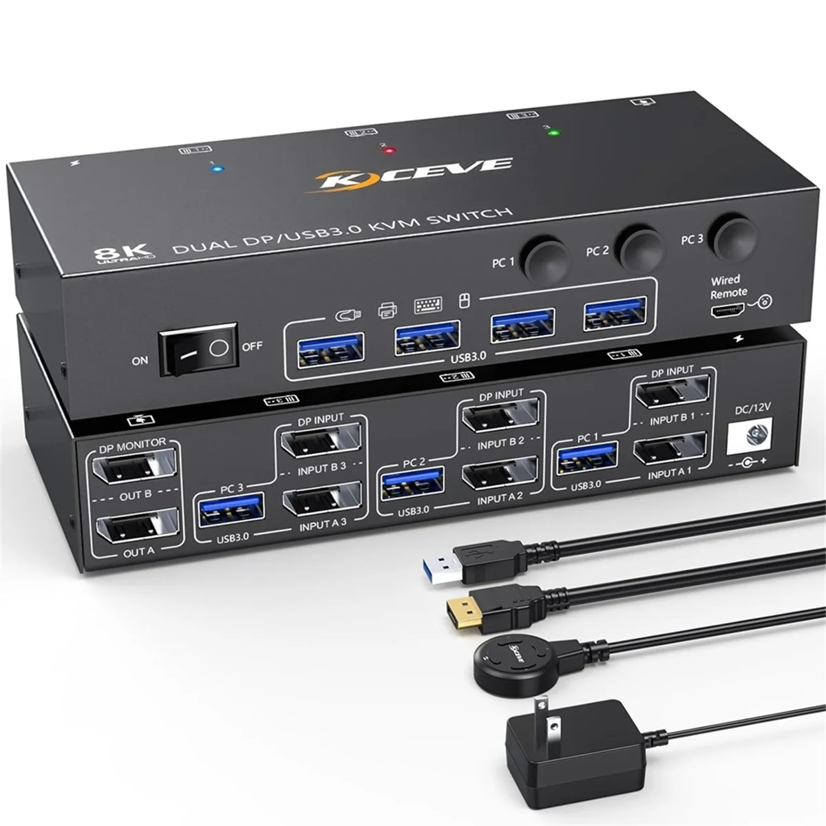 Kceve USB3.0 DP KVM Switch USB 3.0 Displayport 2 Monitors 3 Computers Resolution 8K@30Hz 4K@144Hz US Plug