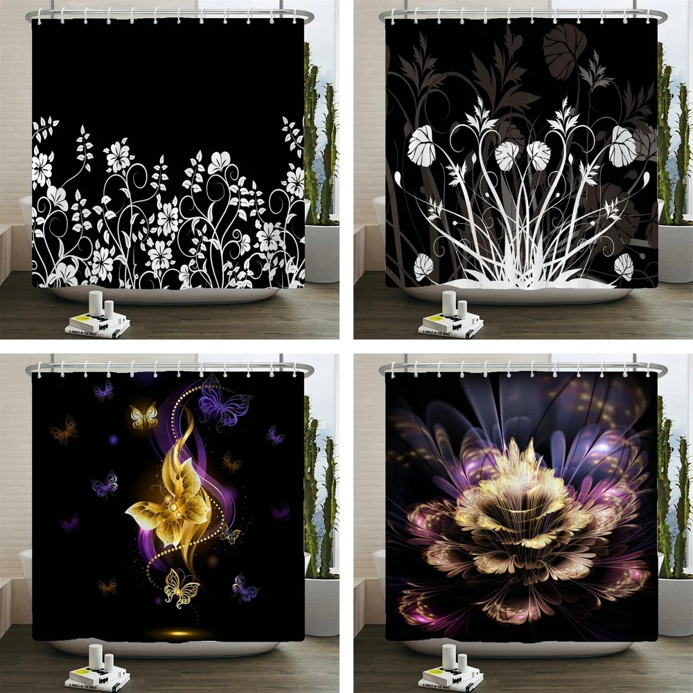 Black white Flower Shower Curtains Bathroom Curtain Waterproof 3d Print Modern Bath Curtain Polyester Fabric 12 Hooks 180*180cm