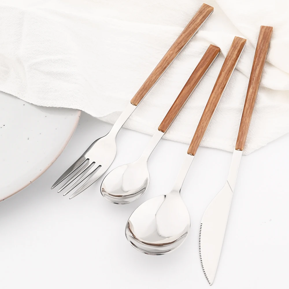 6/24pcs Wooden Handle Cutlery Set Brown Silver Dinnerware Set Stainless Steel Forks Spoons Knife Tableware Kitchen Flatware Set