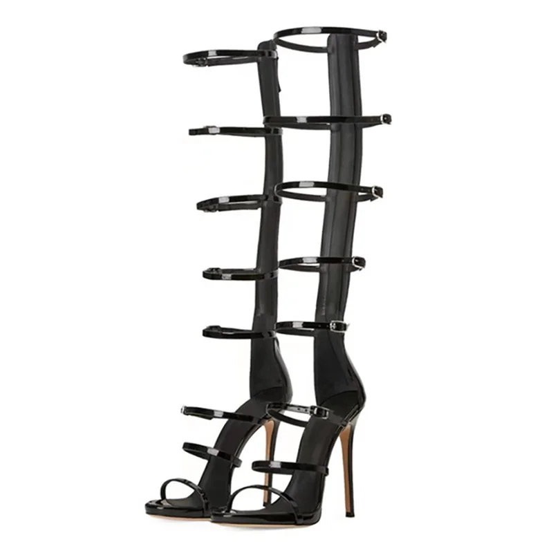 Summer Women's Cool Boots New 2026 Sexy 10cm High Heel Sandals Buckle Black Gold Dress Party Woman's Knee Boots Big Size 36-43
