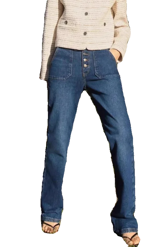 High Waist Bell Bot Denim Jeans for Women Spring 2024 Button Decorated Straight Leg Long Trousers Slimming Effect