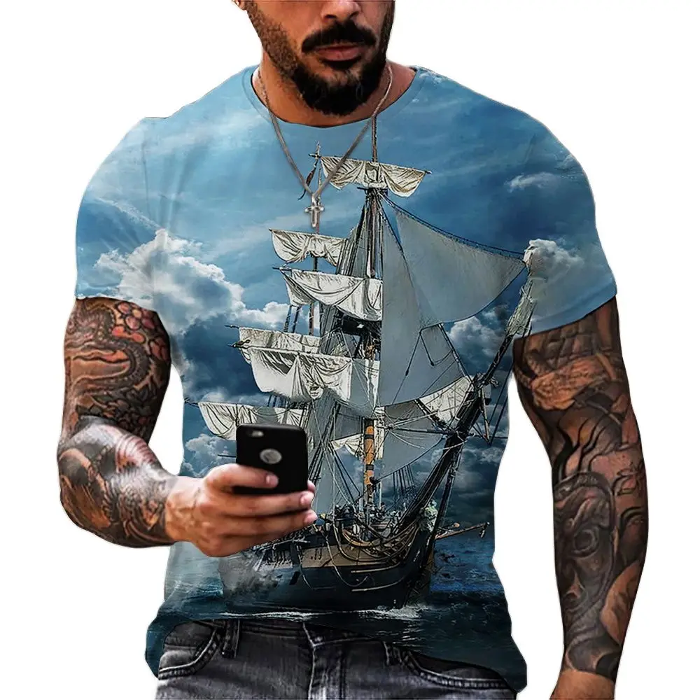 

3d Print T Shirts for Men Vintage Ship Crew Neck Loose Tees Shirt Summer Casual Short Sleeve Tops T-shirt Oversizd Men Clothing