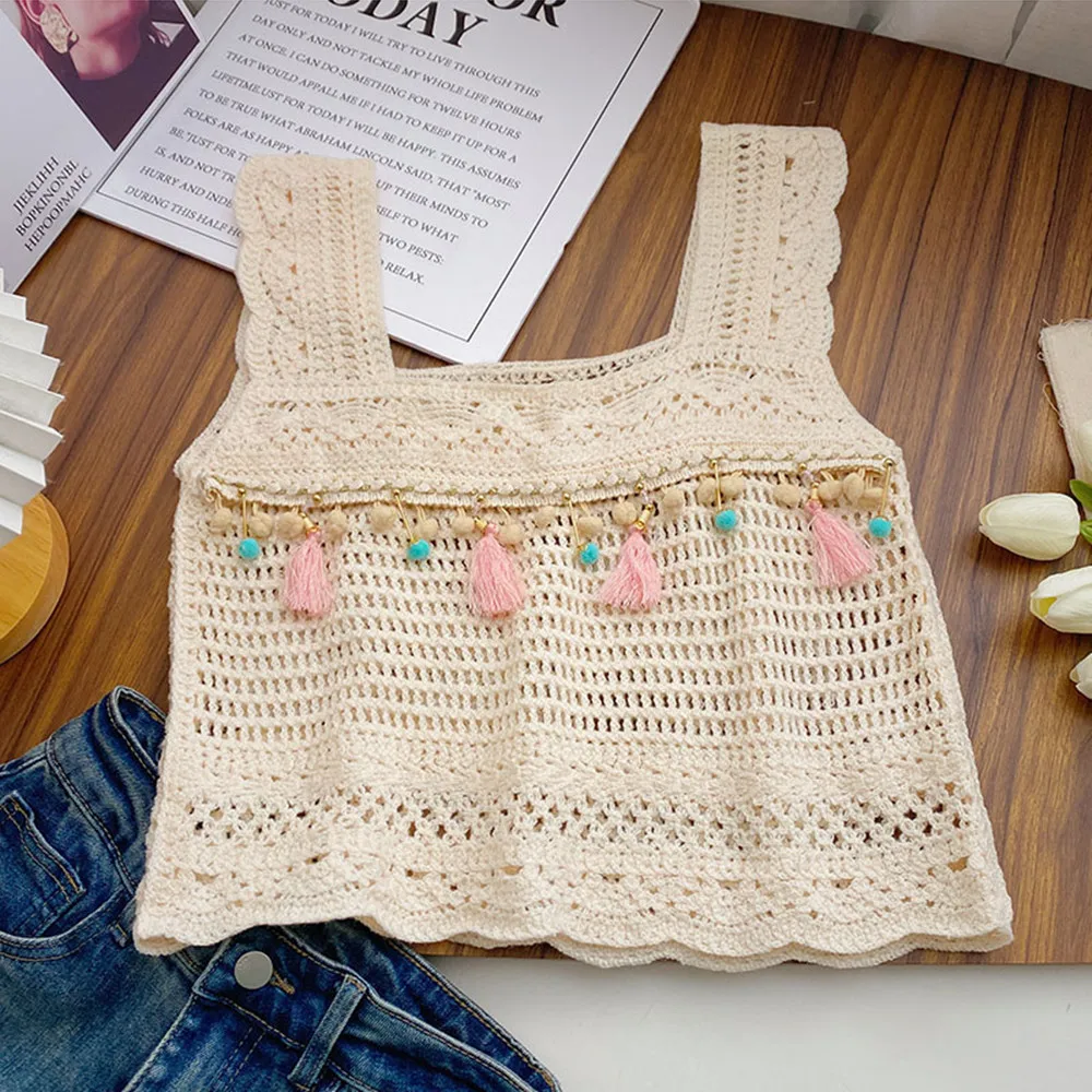 Schicke Urlaub gestrickte Quaste Tanks und Camis Bohemia Patchwork süß schulter frei Bustier Sommer Frauen Kleidung y2k Mode ﻿