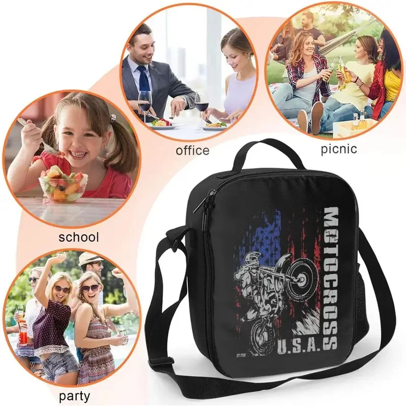 Motocross U.S Flag Print Reusable Insulated Lunch Box with Shoulder Strap Picnic Cooler Food Bag Portable Thermal Bento Tote Bag