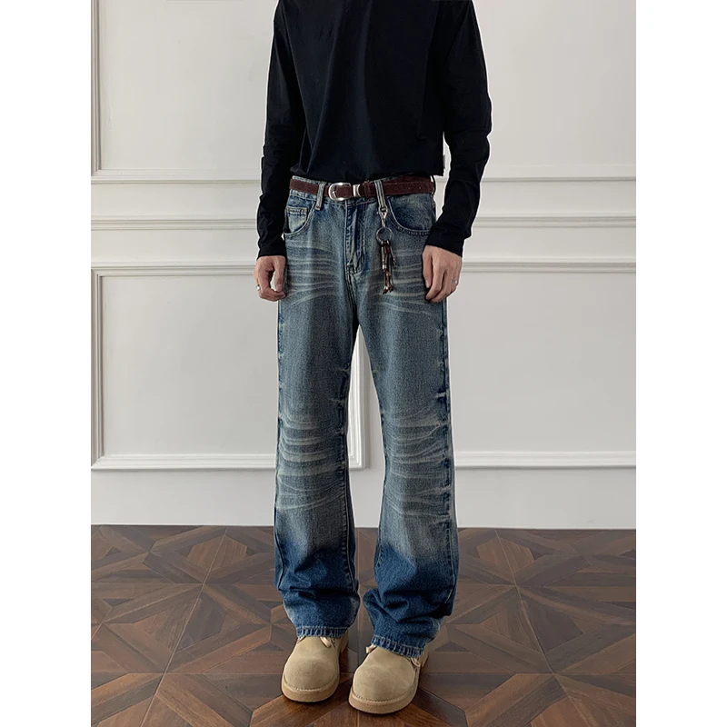 plus Size Slim Fit Zip-Fly Button Jeans Vintage Washed Gradient Bootcut Stretch Denim Pants for Men Retro Flared Trousers