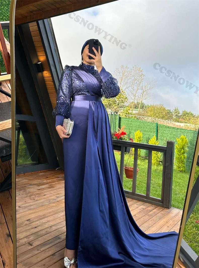 

Sequin Beaded Satin Hijab Muslim Evening Dresses Islamic Long Sleeve Formal Party Gown Arabic Dubai Women Robes De Soirée