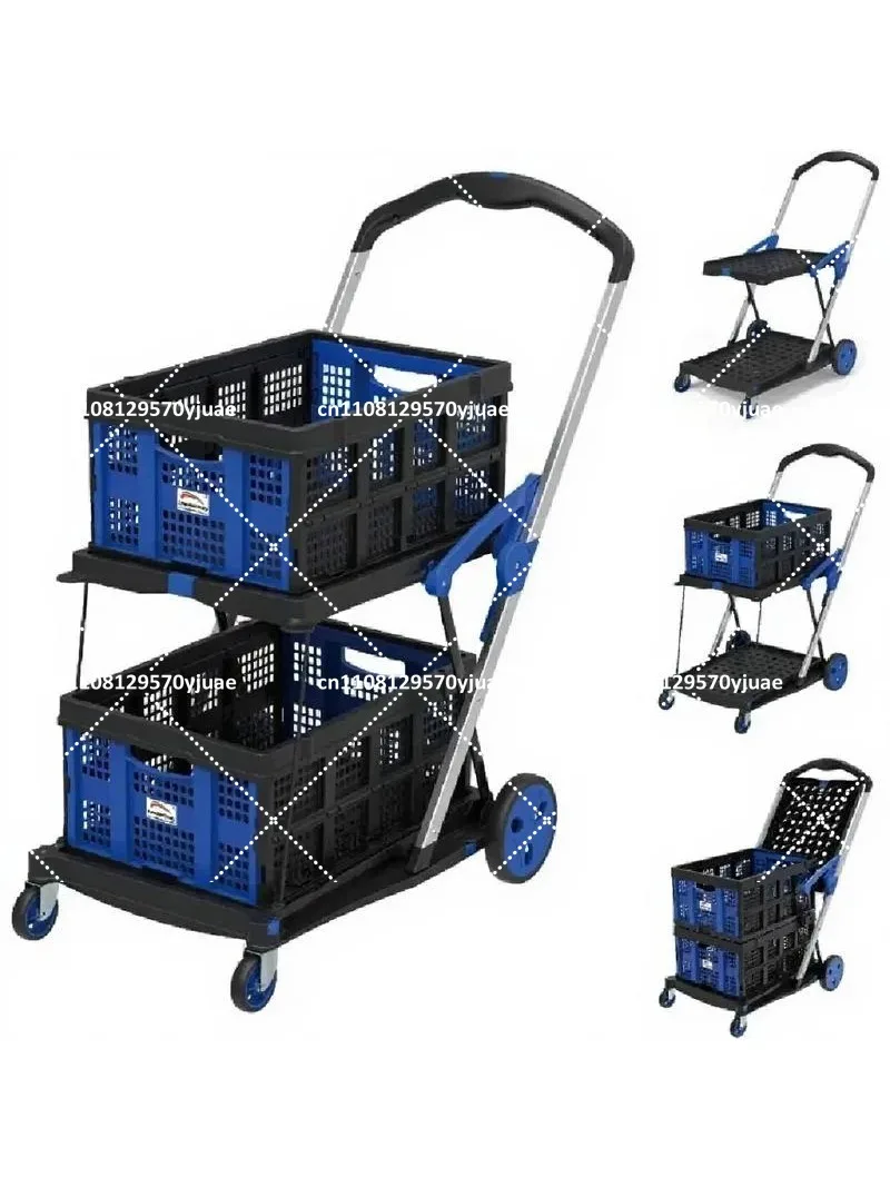 Collapsible Grocery Shopping Cart with 2 Storage Crates, Multi-Use Functional Blue Tote