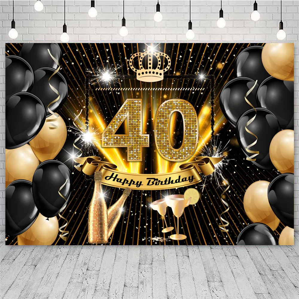 Happy 40th Birthday Photography Backdrop Adult Men Navy Blue And Glitter Gold Forty Years Old Background Shiny Party Decoration