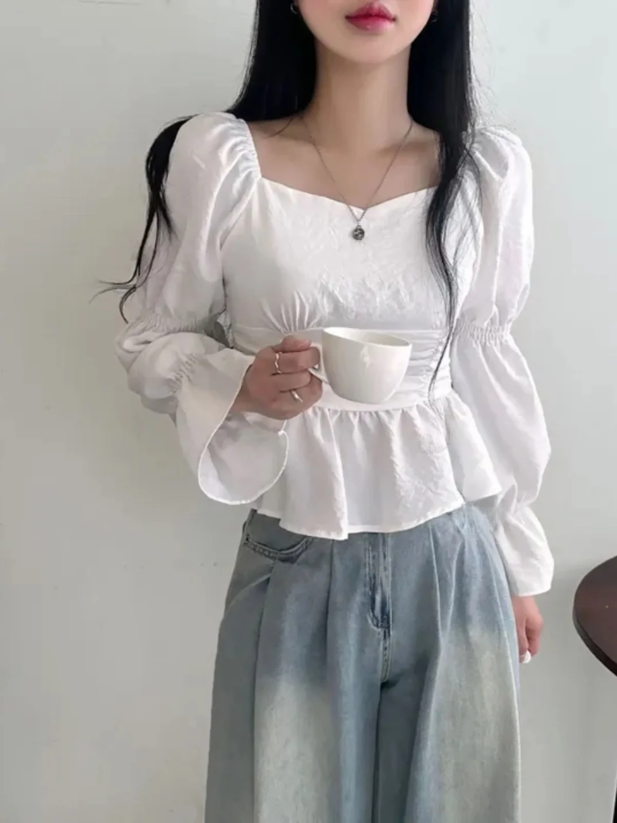 

Retro Square Collar Chiffon irt Women's Spring Faion ort Waist Cinched Sweet Lace Hem Long Sve White ort irt
