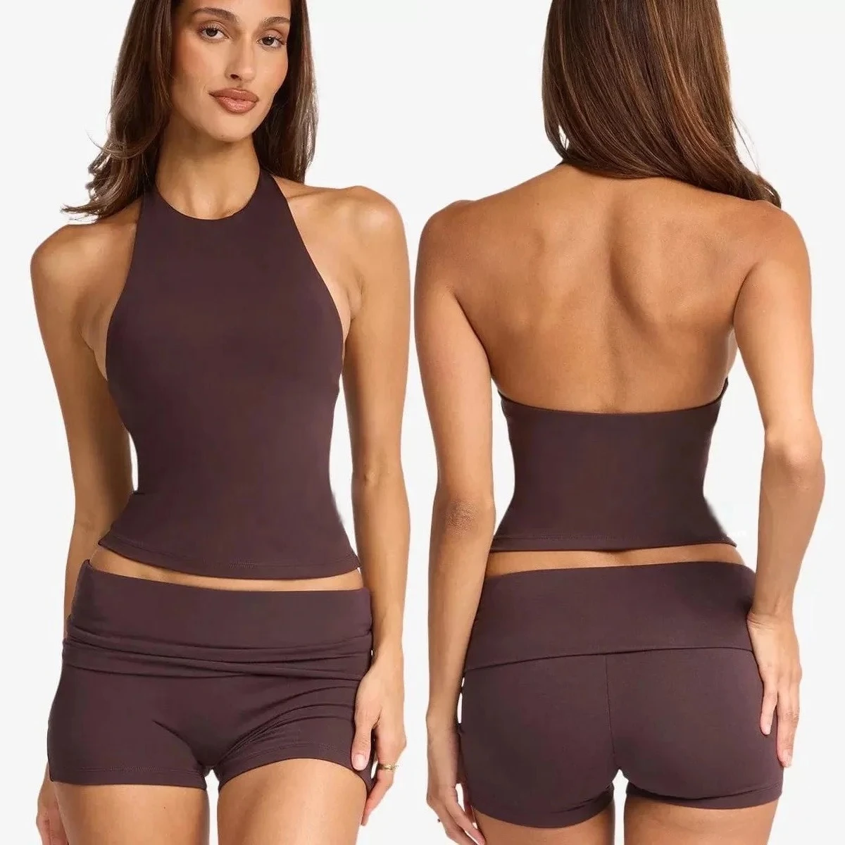 Conjunto de Treino Feminino C-B: Top Halter com Costas Abertas e Shorts Ciclista com Cintura Dobrável para Yoga, Academia e Pilates