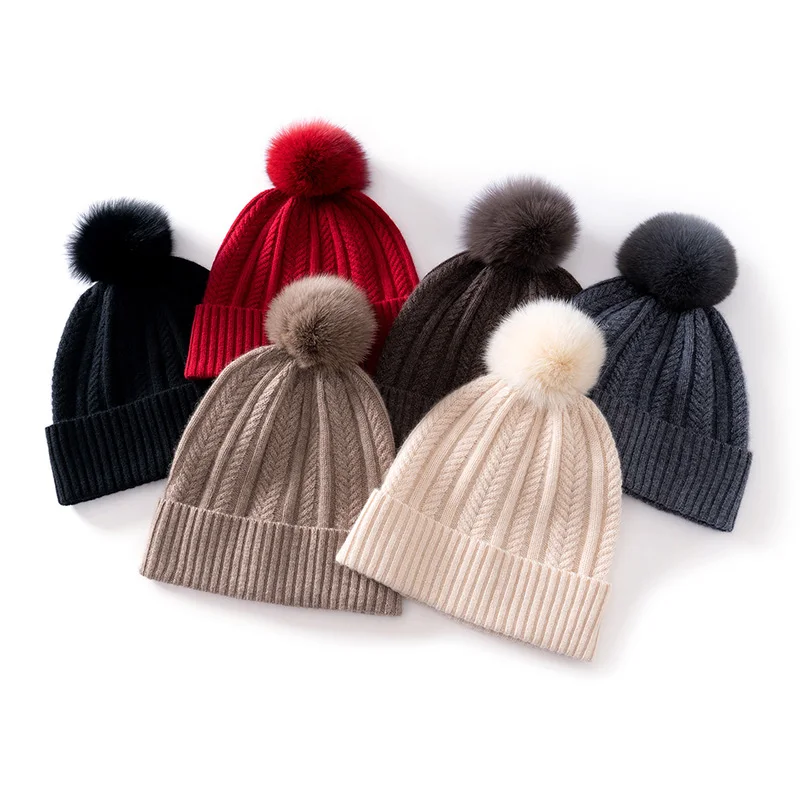 Winter Knitted Pure Cashmere Hat with Tassel Twist Pattern Outdoor Ear Protection Warm Cozy 100% Pure Cashmere Knit Hat
