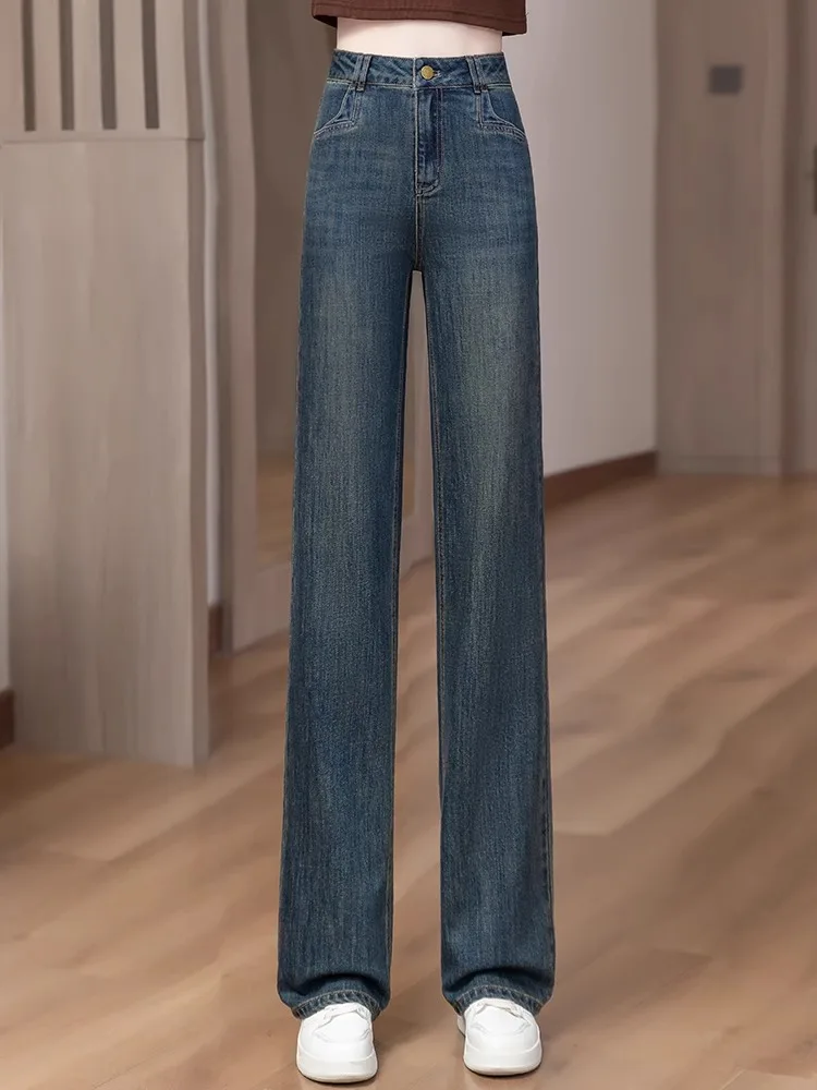 

High Waist Wide Leg Jeans Women's Cement ey Loose Fit Floor Length Pants Straight Cut Trousers Spring Autumn New Sle