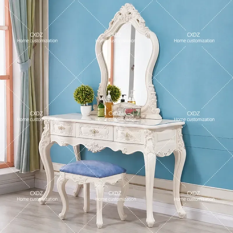 European Style Retro Solid Wood Dressing Table with Stool High End Bedroom Furniture Vanity Set Classic Design Makeup Desk