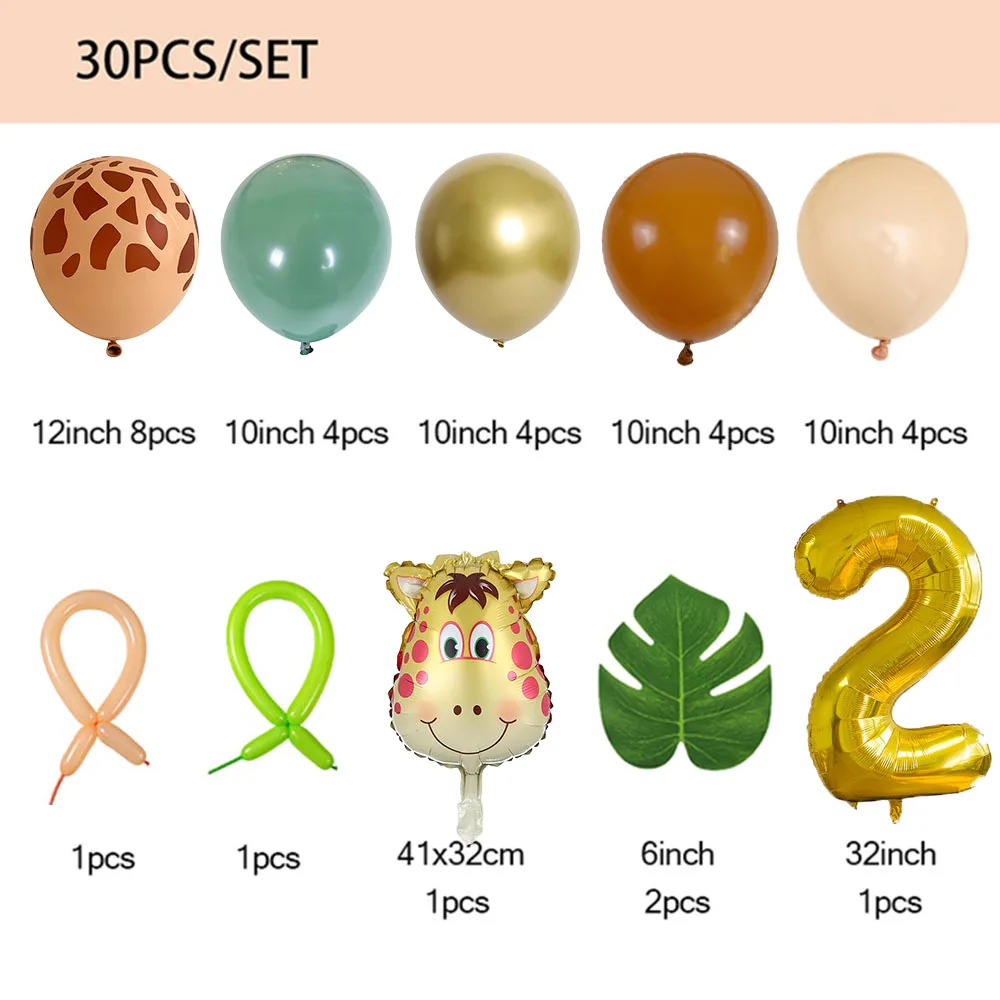 30pcs Jungle Safari Animal Number Balloons Set Kids 1 2 3 Years Birthday Party Decorations Wild One Green Latex Helium Globos