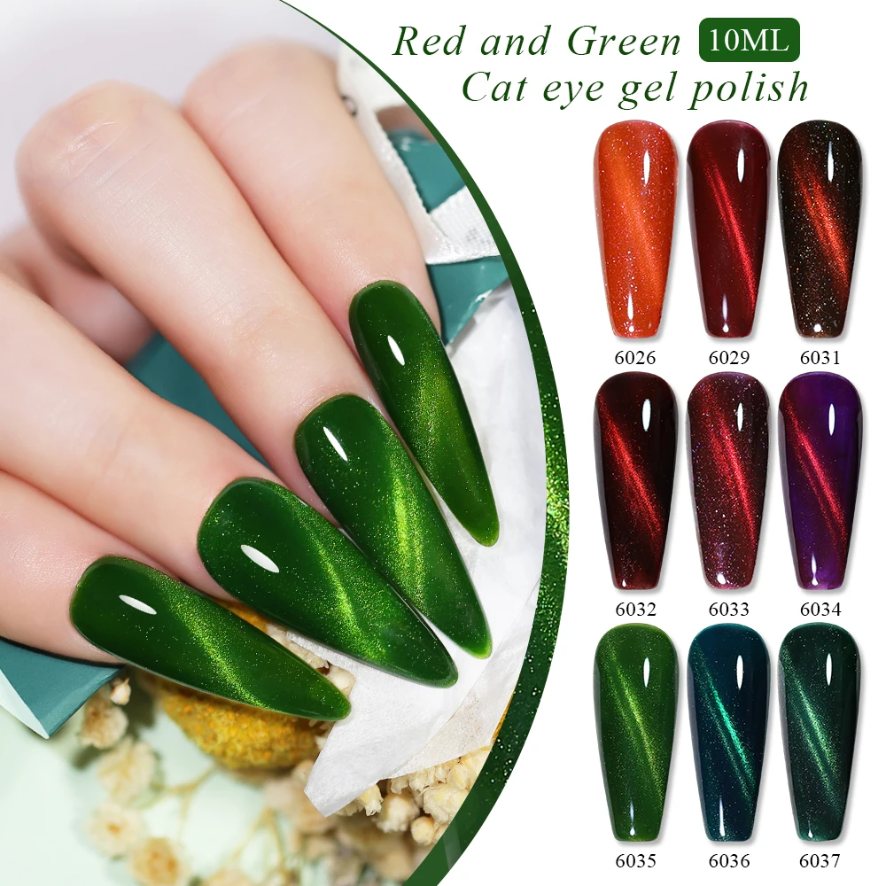 Esmalte de uñas en gel de ojo de gato Arte Clavo, 10ML, serie verde roja brillante, perfecto para todas las estaciones, arte de uñas, regalo DIY