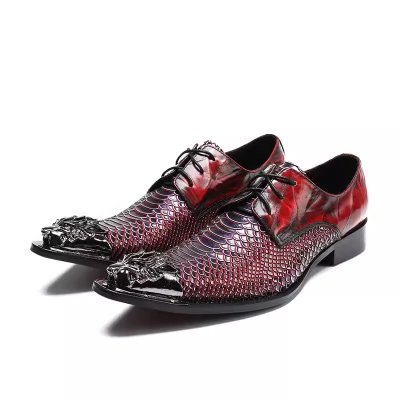 Mixed Color Snakeskin Pattern Splicing Men's Leisure Shoes Metal Pointed Toe Chunky Heel Shallow Lace-Up Loafers Male Oxfords