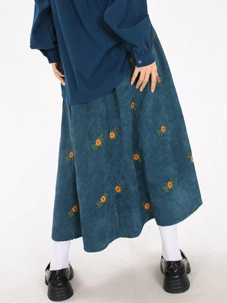 Floral Embroidery Corduroy Skirt Women Elastic Waist A Line Loose Casual Mid Calf Skirt Female Classy Mujer Solid Color Skirt