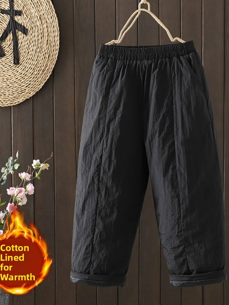 

Retro Art Pure Color Cotton Women's Winter Thiened Elastic Waist Large Size Casual Outdoor Wear Cotton Pants