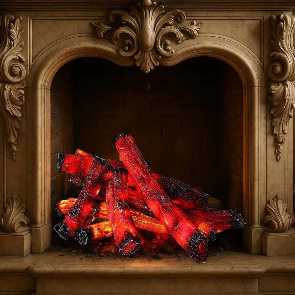 مجموعة مصابيح سجل الحريق LED المحمولة - 10 قطع 8.7 × 16 مدفأة وهمية تعمل بالبطارية للديكور الداخلي والخارجي