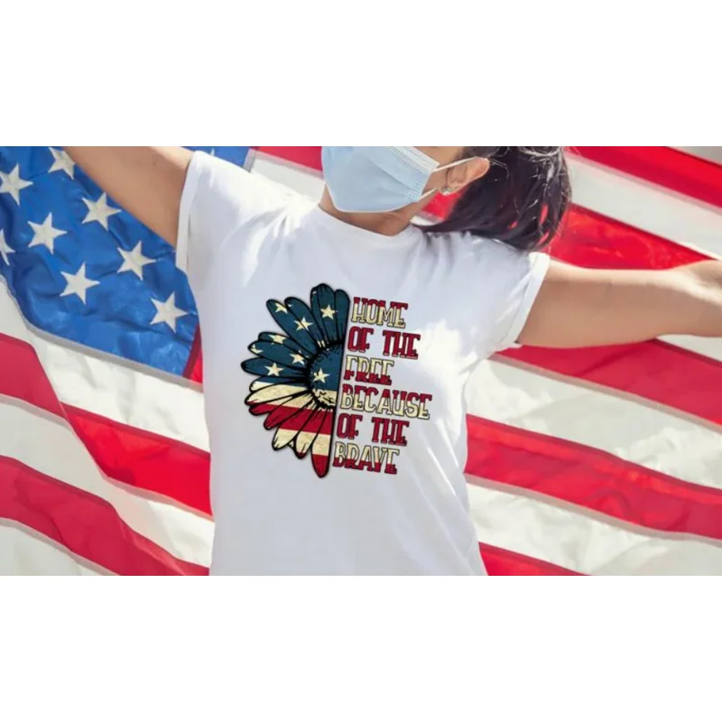 

Home of the brave Unisex shirt sunflower pattern Independence day t-shirt women 2021 100% cotton Streetwear Short Sleeve Tees